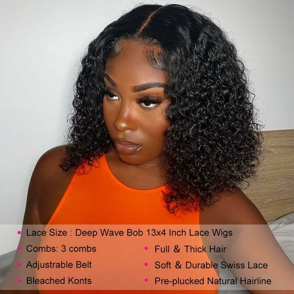 Bob Wig Human Hair Deep Wave Lace Front Wig Human Hair Curly Wigs 13x4 - Picture 3 of 5